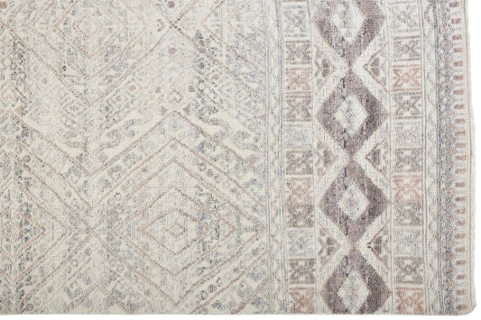 8' Gray Ivory And Pink Geometric Hand Knotted Runner Rug