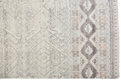 8' Gray Ivory And Pink Geometric Hand Knotted Runner Rug