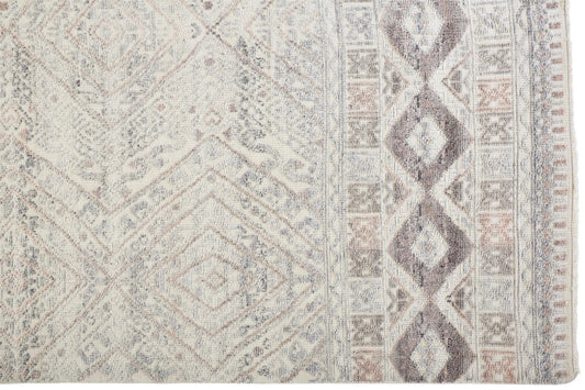 10' Ivory and Blue Geometric Hand Knotted Runner Rug With Fringe