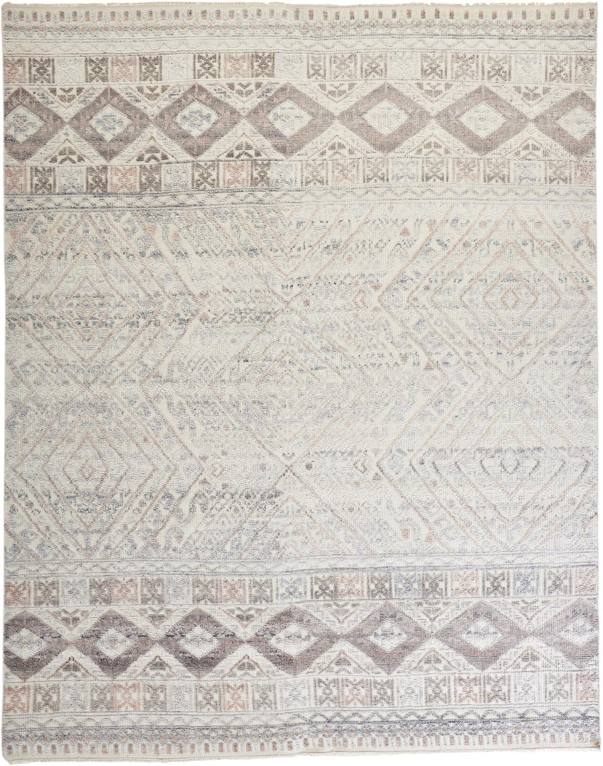 8' Gray Ivory And Pink Geometric Hand Knotted Runner Rug