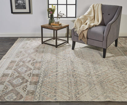 8' Gray Ivory And Pink Geometric Hand Knotted Runner Rug