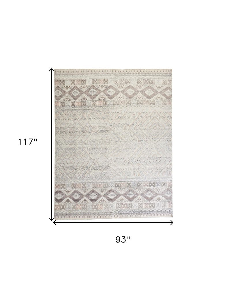 8' Gray Ivory And Pink Geometric Hand Knotted Runner Rug