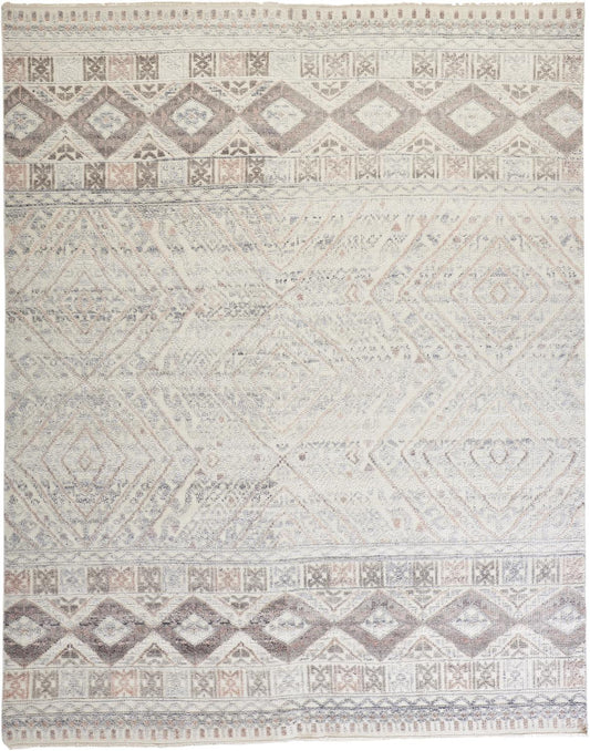 9' X 12' Gray Ivory And Blue Geometric Hand Knotted Area Rug