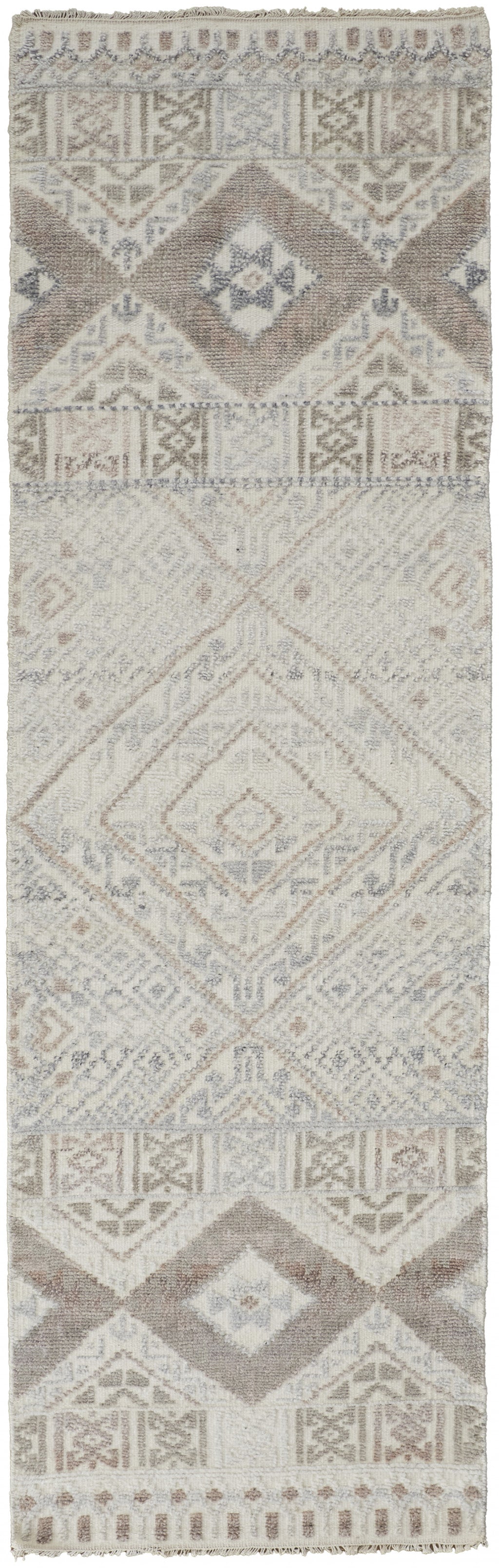 4' X 6' Gray Ivory And Pink Geometric Hand Knotted Area Rug