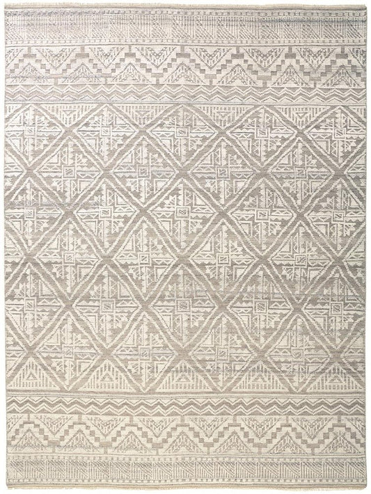 4' X 6' Gray and Ivory Geometric Hand Knotted Area Rug