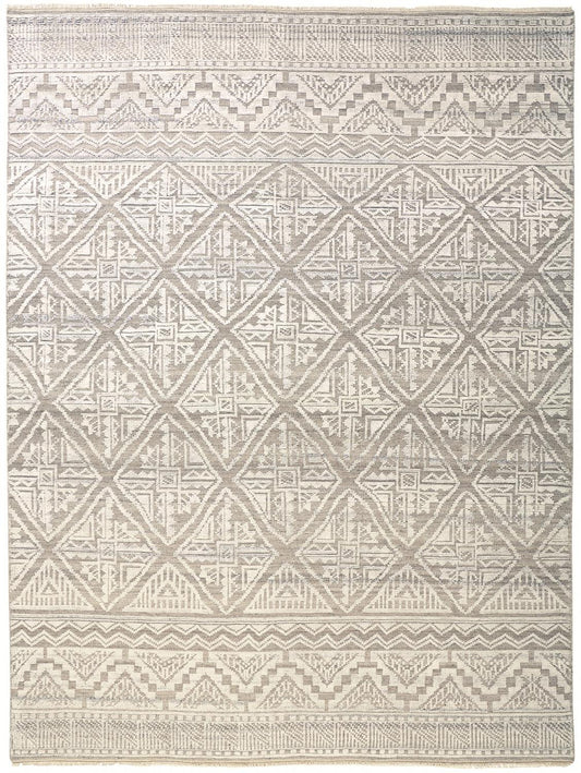 5' X 8' Ivory Tan And Gray Geometric Hand Knotted Area Rug
