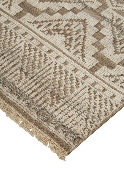 8' Ivory Tan And Gray Geometric Hand Knotted Runner Rug