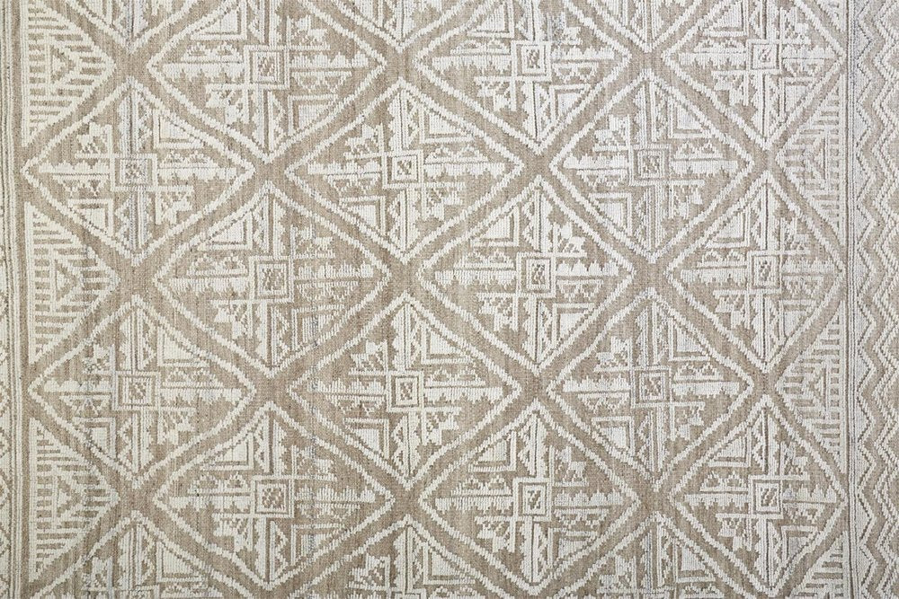 8' Ivory Tan And Gray Geometric Hand Knotted Runner Rug