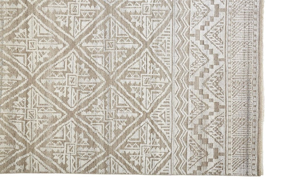 8' Ivory Tan And Gray Geometric Hand Knotted Runner Rug