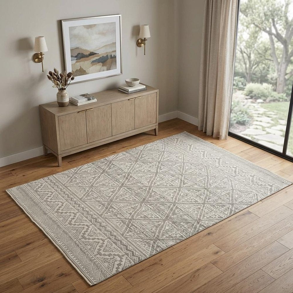 8' Ivory Tan And Gray Geometric Hand Knotted Runner Rug