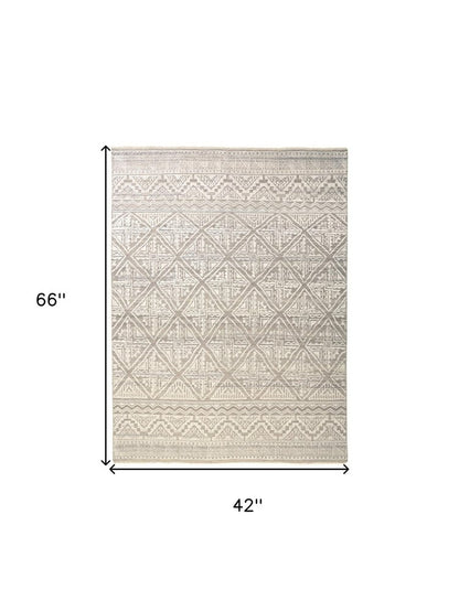 8' Ivory Tan And Gray Geometric Hand Knotted Runner Rug