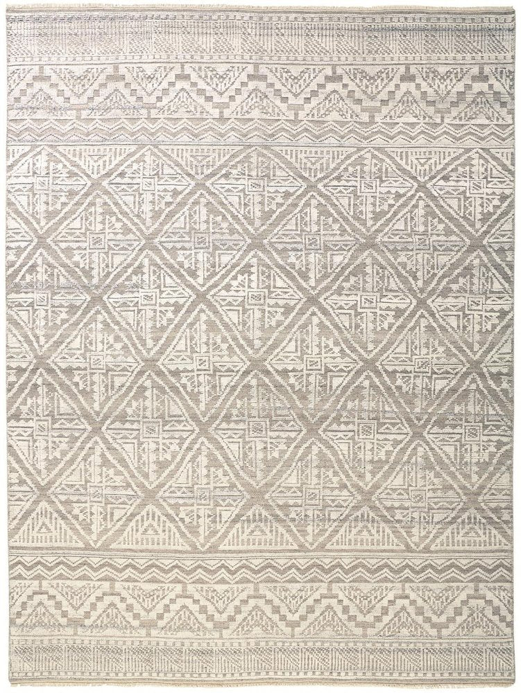 8' Ivory Tan And Gray Geometric Hand Knotted Runner Rug