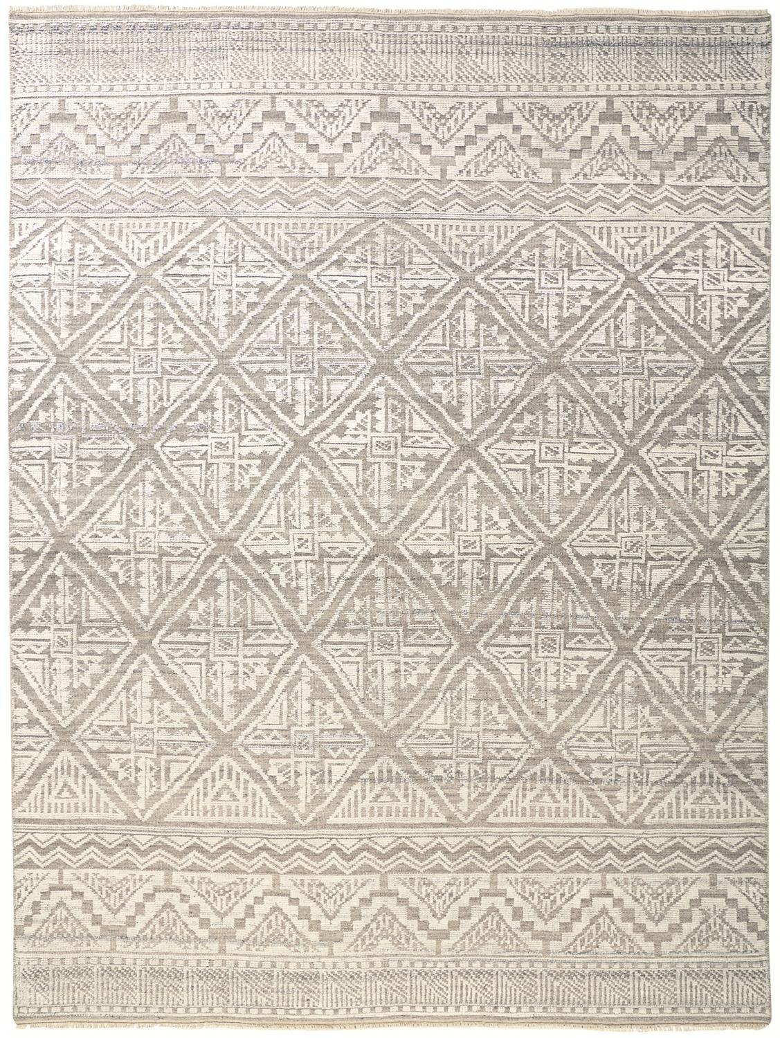 9' X 12' Ivory Tan And Gray Geometric Hand Knotted Area Rug