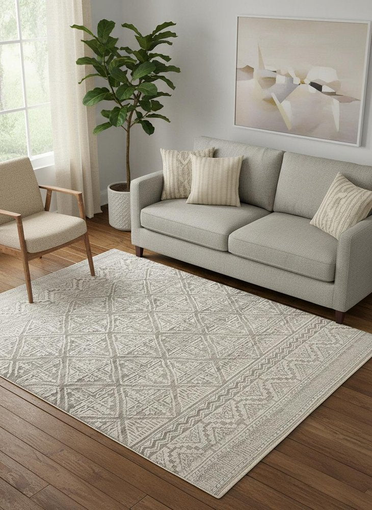 8' Ivory Tan And Gray Geometric Hand Knotted Runner Rug