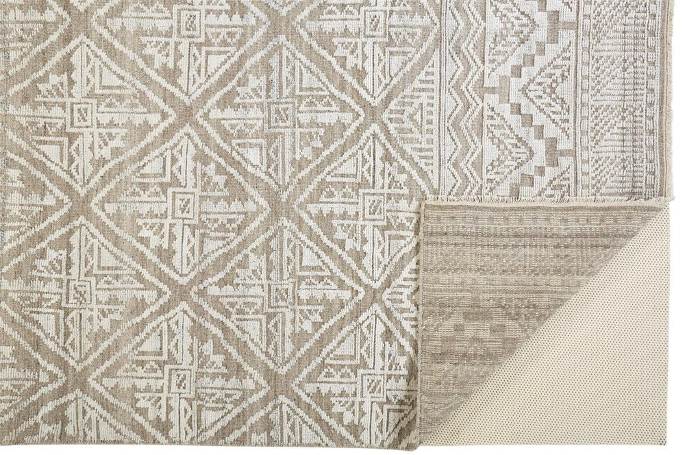 8' Ivory Tan And Gray Geometric Hand Knotted Runner Rug