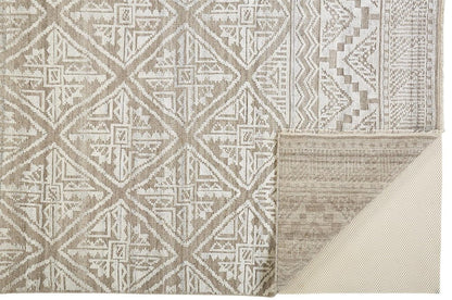 8' Ivory Tan And Gray Geometric Hand Knotted Runner Rug