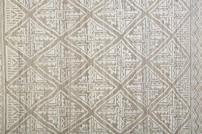 8' Ivory Tan And Gray Geometric Hand Knotted Runner Rug