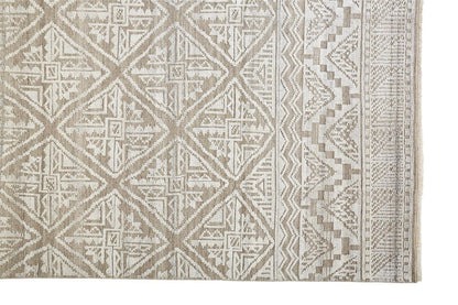 8' Ivory Tan And Gray Geometric Hand Knotted Runner Rug