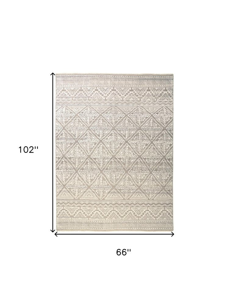 8' Ivory Tan And Gray Geometric Hand Knotted Runner Rug