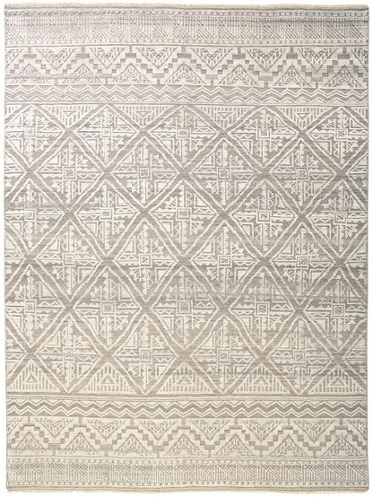 8' Ivory Tan And Gray Geometric Hand Knotted Runner Rug