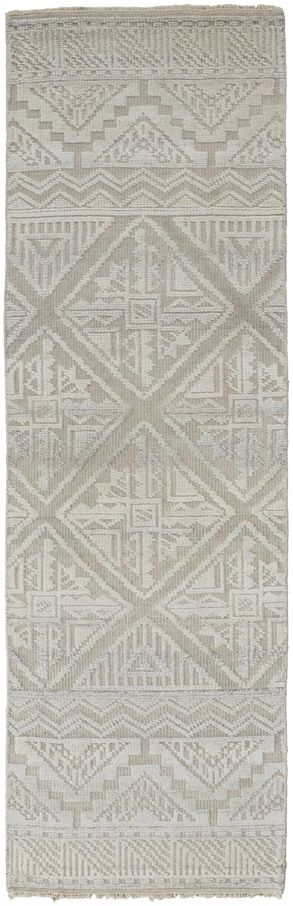 9' X 12' Ivory Tan And Gray Geometric Hand Knotted Area Rug