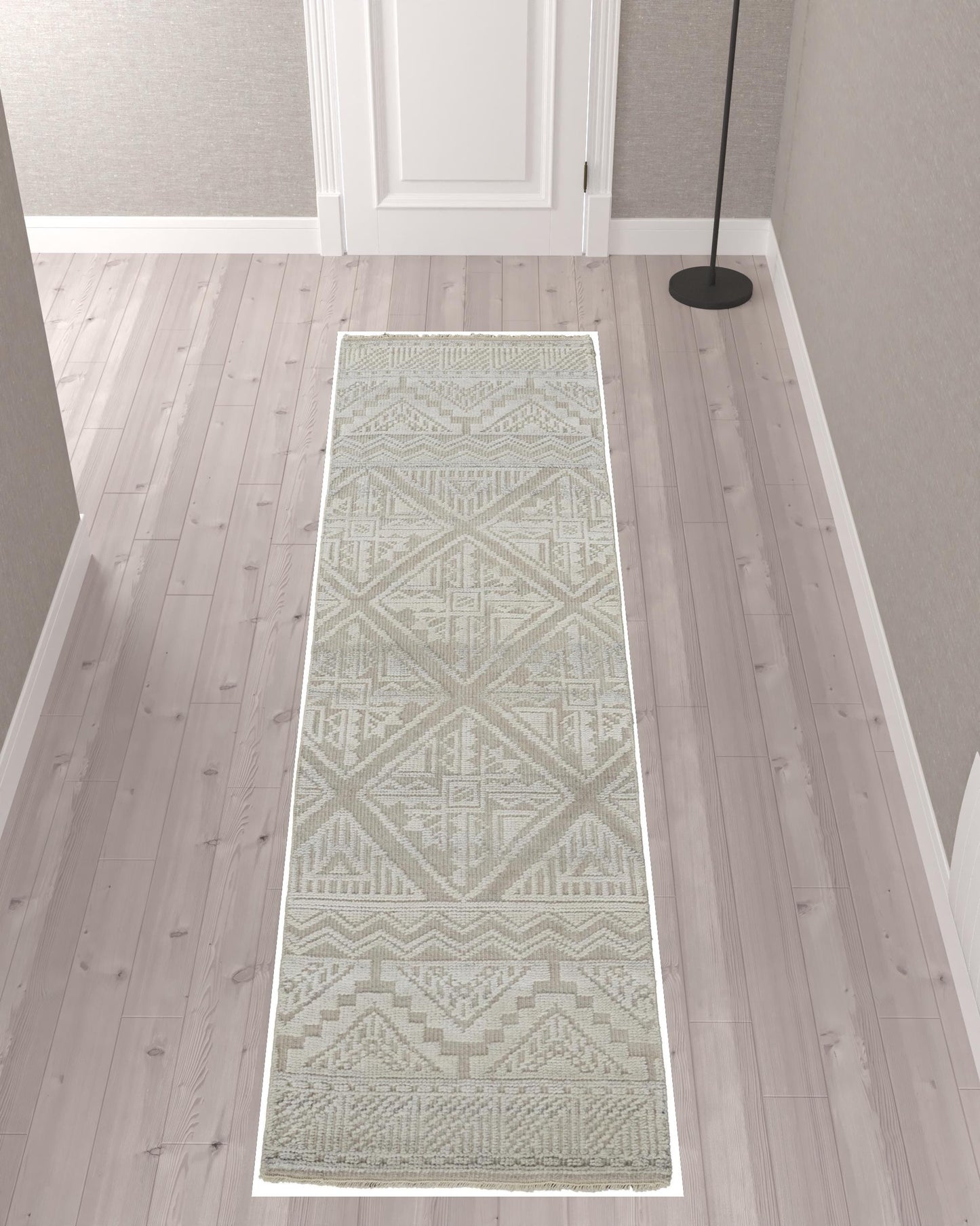 8' X 10' Ivory Tan And Gray Geometric Hand Knotted Area Rug