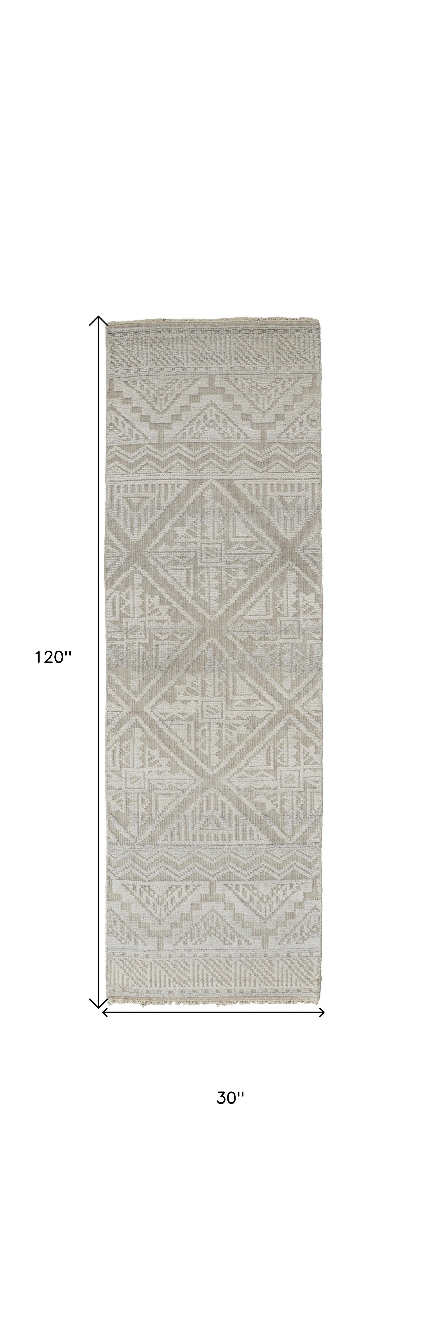 9' X 12' Ivory Tan And Gray Geometric Hand Knotted Area Rug