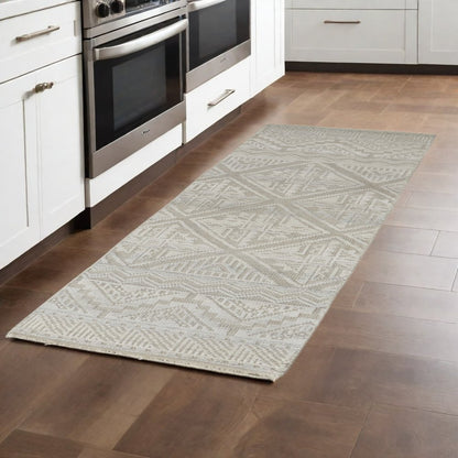 8' X 10' Ivory Tan And Gray Geometric Hand Knotted Area Rug