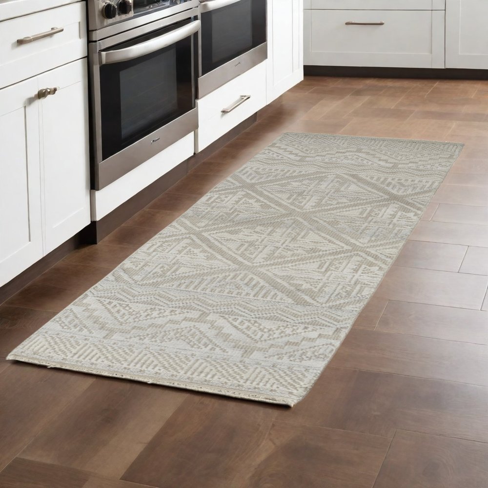 8' X 10' Ivory Tan And Gray Geometric Hand Knotted Area Rug