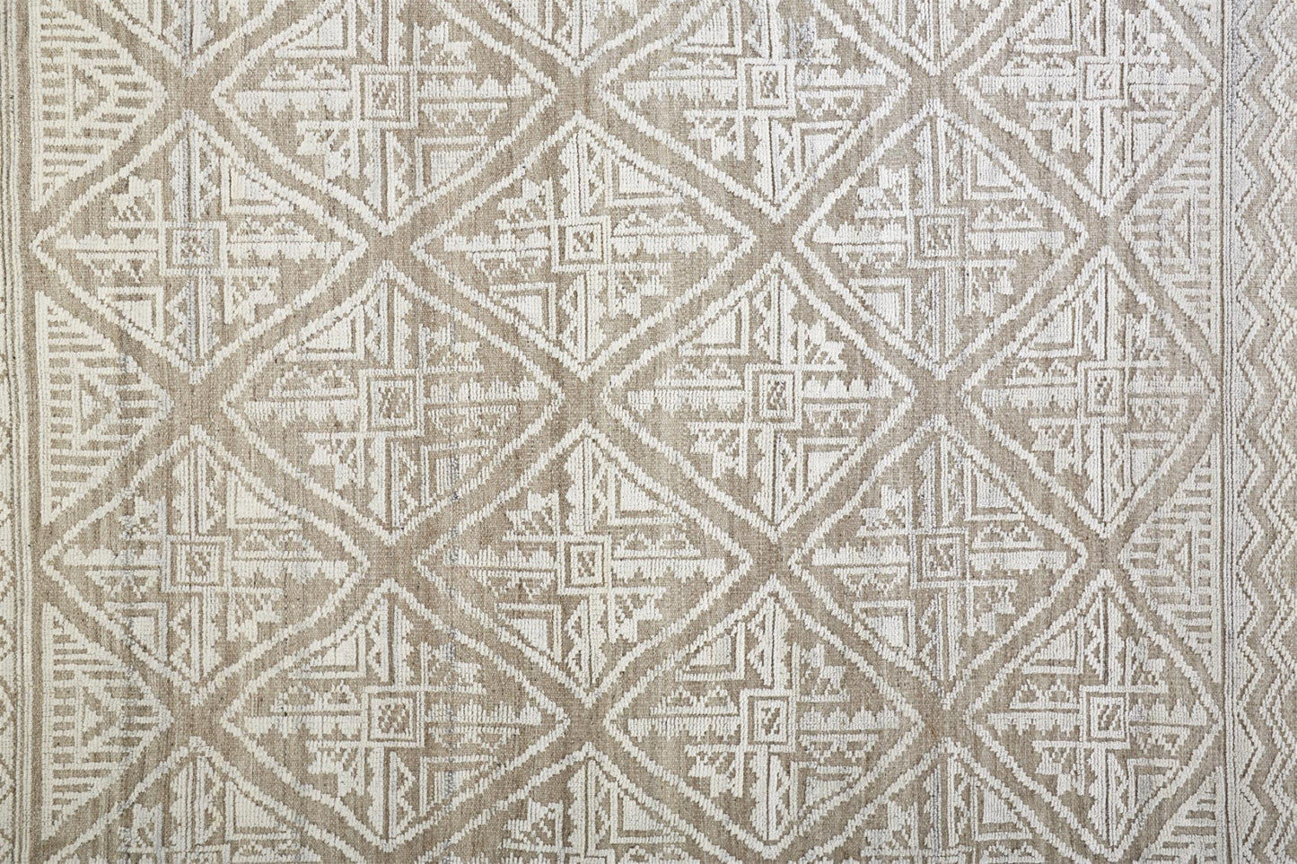 9' X 12' Ivory Tan And Gray Geometric Hand Knotted Area Rug