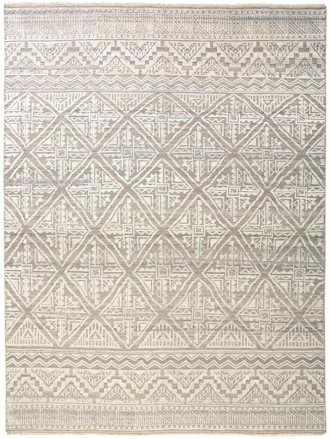 9' X 12' Ivory Tan And Gray Geometric Hand Knotted Area Rug