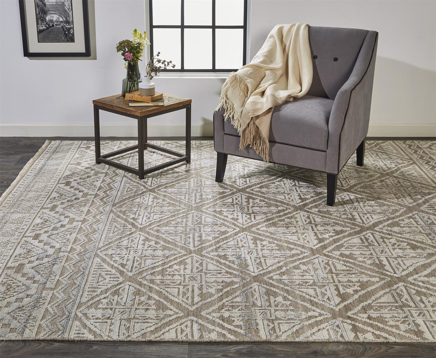 9' X 12' Ivory Tan And Gray Geometric Hand Knotted Area Rug