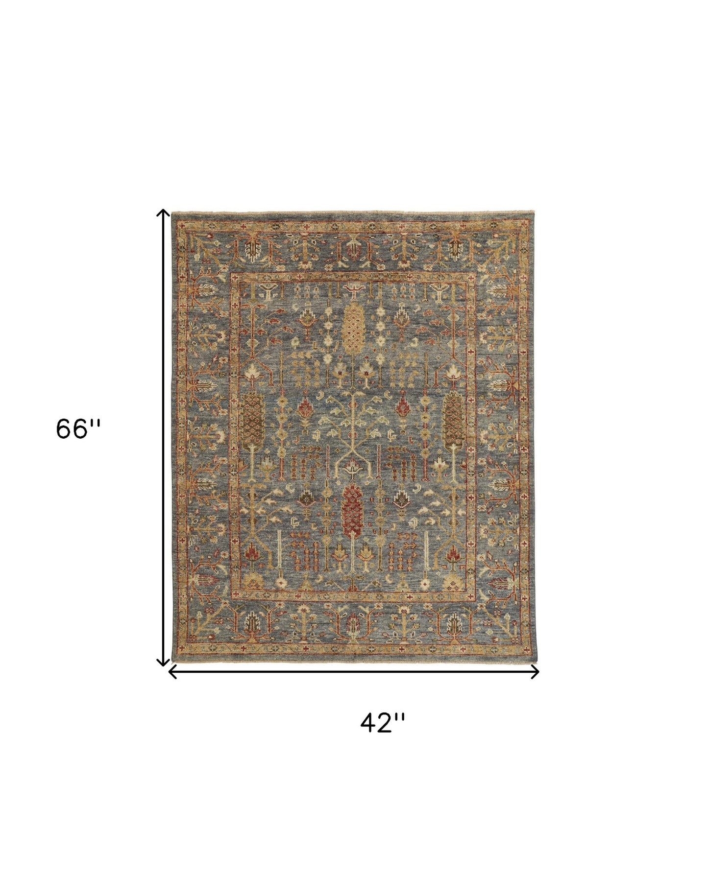 12' X 15' Gray Gold And Red Wool Floral Hand Knotted Stain Resistant Area Rug With Fringe