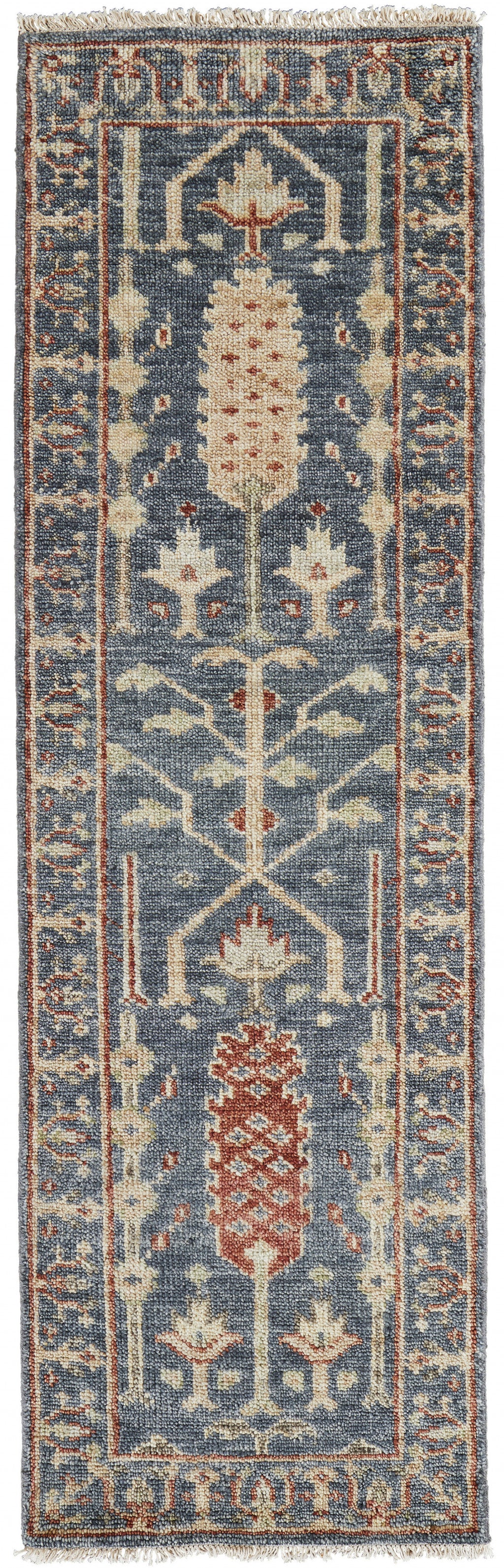 12' X 15' Gray Gold And Red Wool Floral Hand Knotted Stain Resistant Area Rug With Fringe