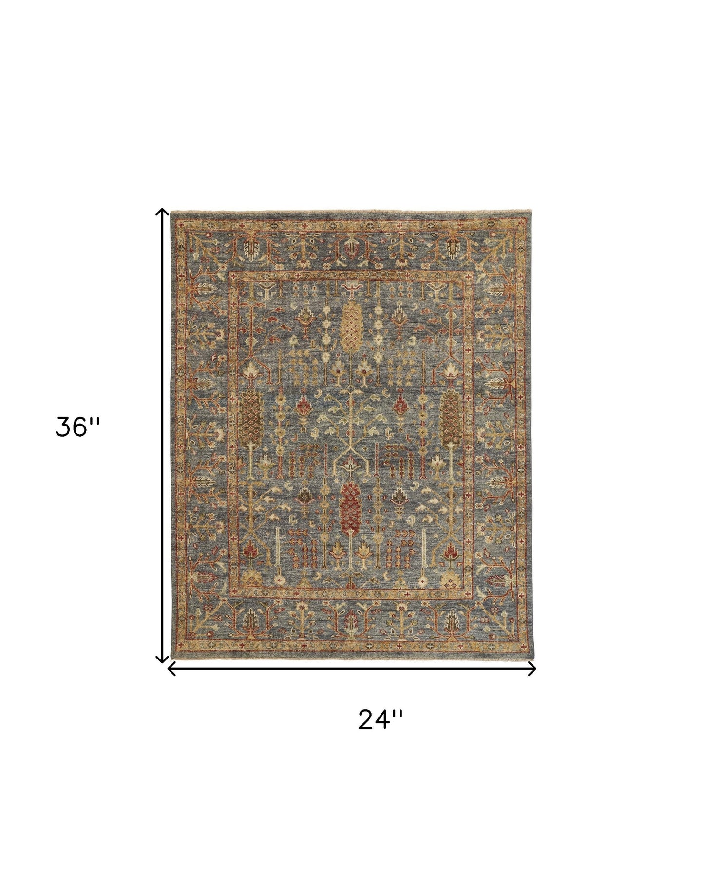12' X 15' Gray Gold And Red Wool Floral Hand Knotted Stain Resistant Area Rug With Fringe
