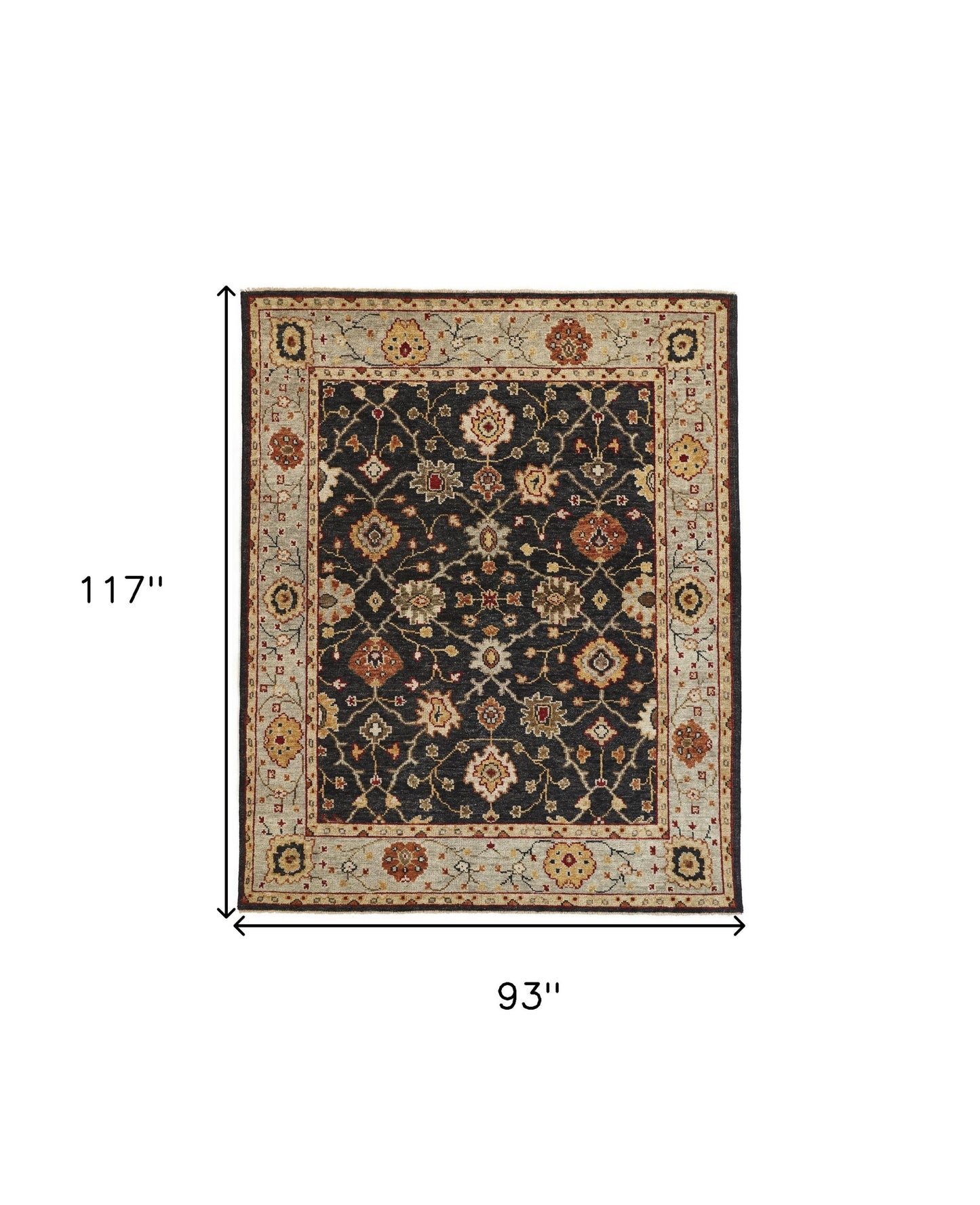 8' X 10' Black Gold And Gray Wool Floral Hand Knotted Stain Resistant Area Rug With Fringe