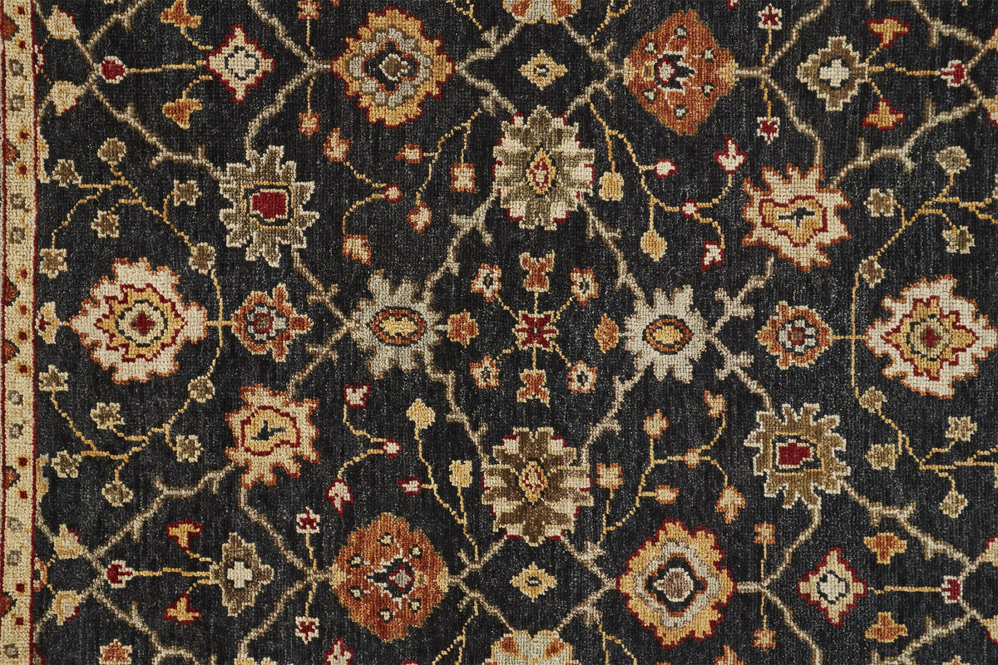 8' X 10' Black Gold And Gray Wool Floral Hand Knotted Stain Resistant Area Rug With Fringe