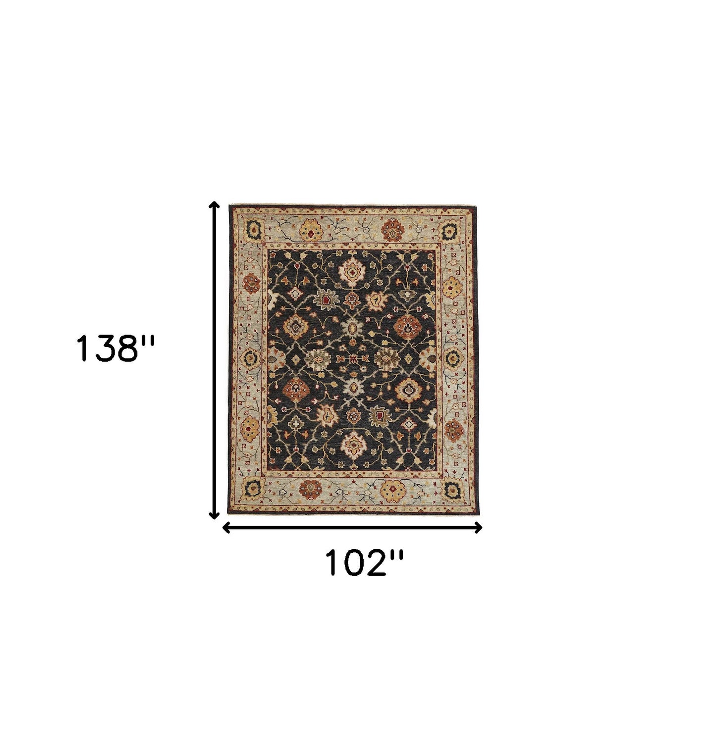 8' X 10' Black Gold And Gray Wool Floral Hand Knotted Stain Resistant Area Rug With Fringe