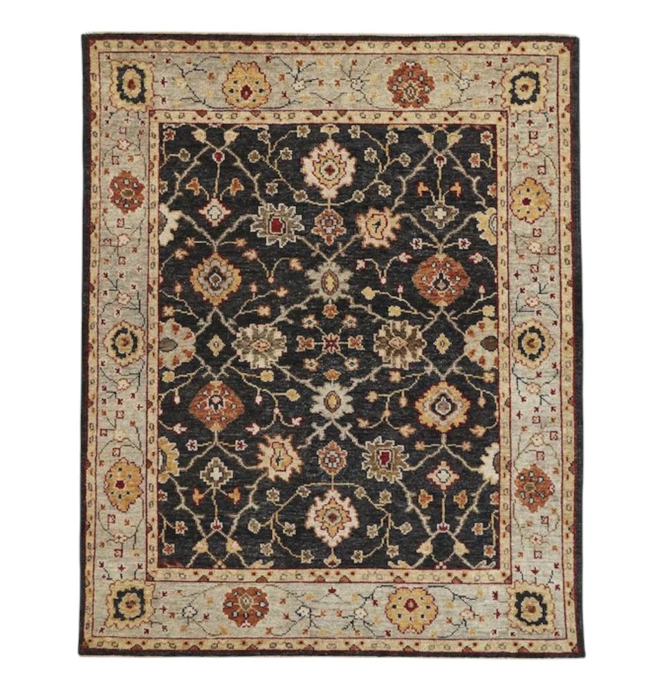 8' X 10' Black And Gold Wool Oriental Hand Knotted Area Rug With Fringe