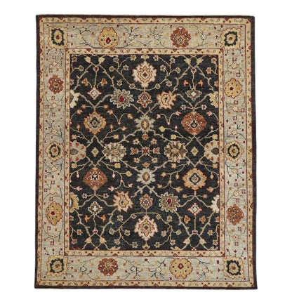 8' X 10' Black And Gold Wool Oriental Hand Knotted Area Rug With Fringe