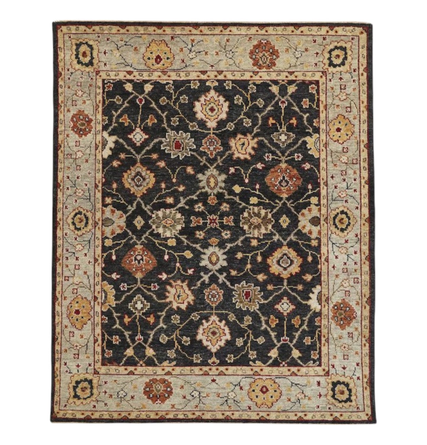 8' X 10' Black Gold And Gray Wool Floral Hand Knotted Stain Resistant Area Rug With Fringe