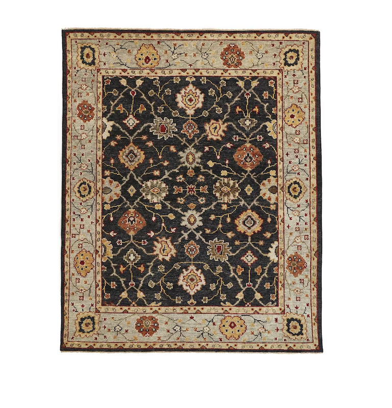 8' X 10' Black Gold And Gray Wool Floral Hand Knotted Stain Resistant Area Rug With Fringe