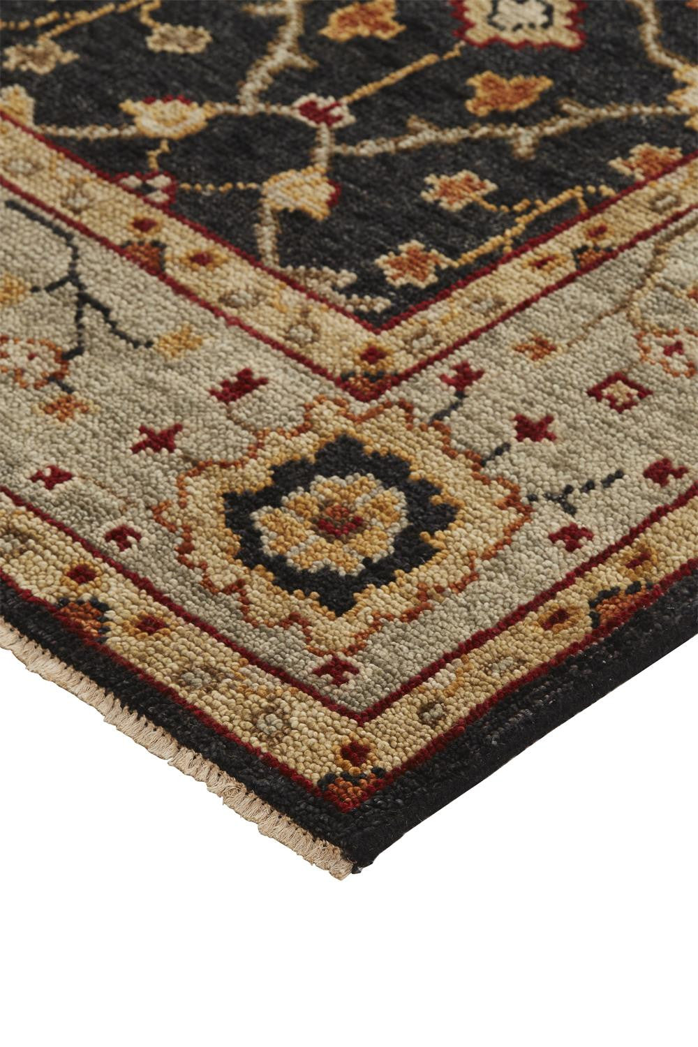 8' X 10' Black Gold And Gray Wool Floral Hand Knotted Stain Resistant Area Rug With Fringe