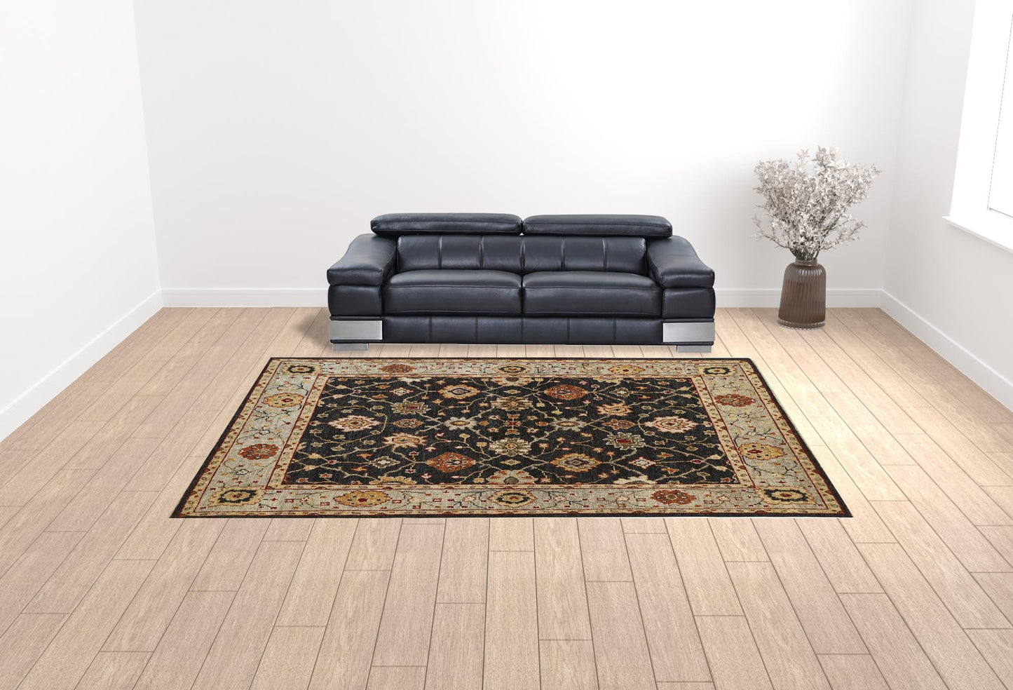 8' X 10' Black Gold And Gray Wool Floral Hand Knotted Stain Resistant Area Rug With Fringe