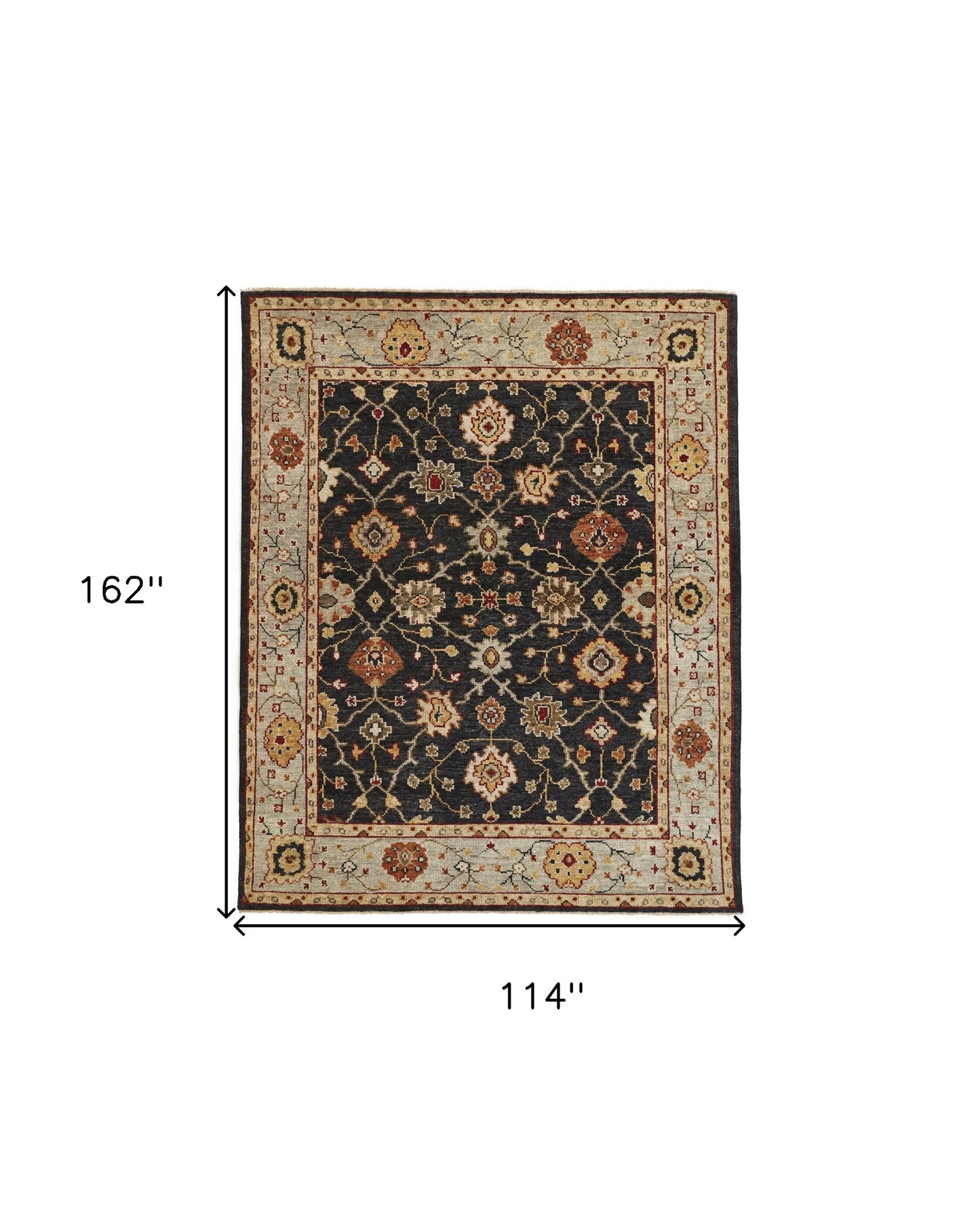 8' X 10' Black Gold And Gray Wool Floral Hand Knotted Stain Resistant Area Rug With Fringe