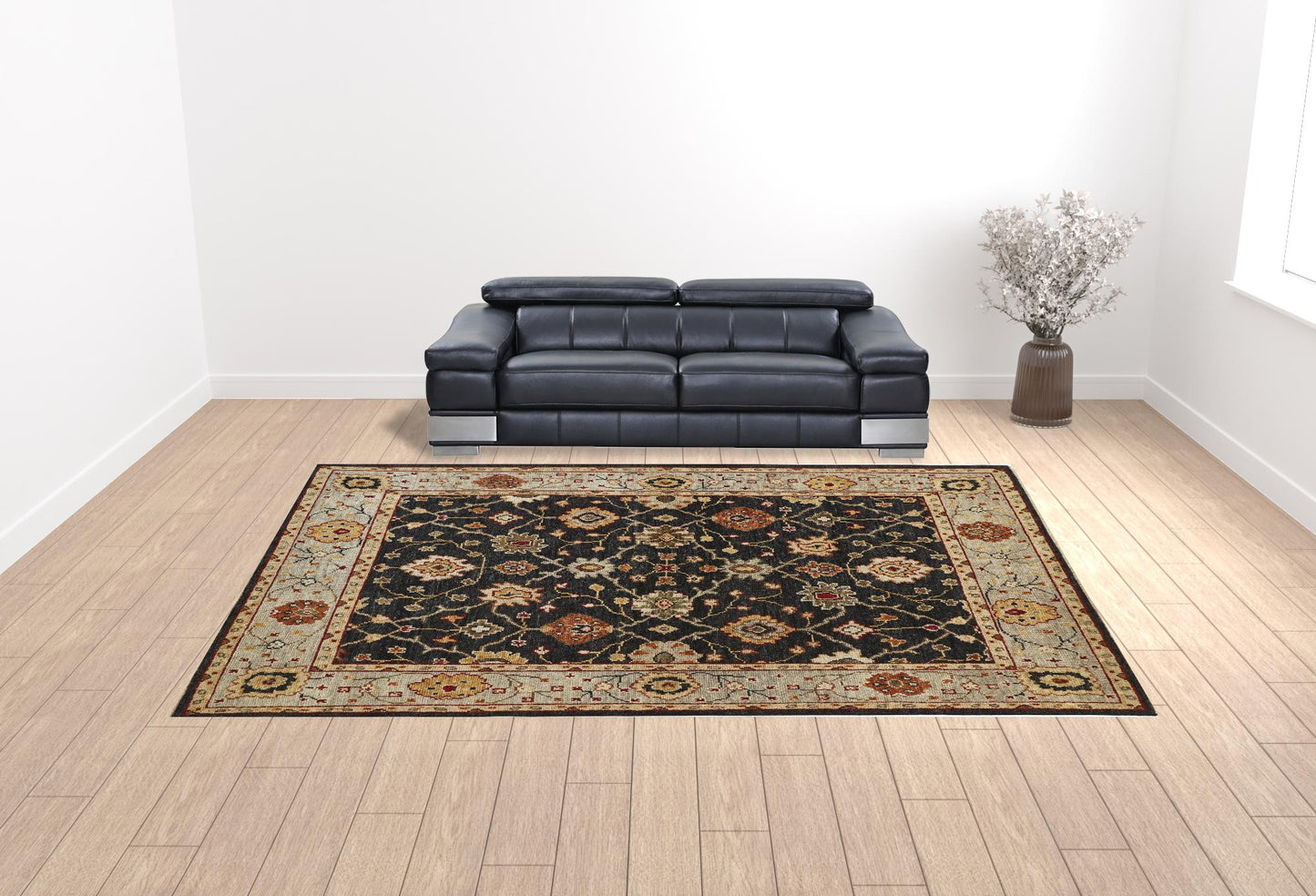 8' X 10' Black Gold And Gray Wool Floral Hand Knotted Stain Resistant Area Rug With Fringe