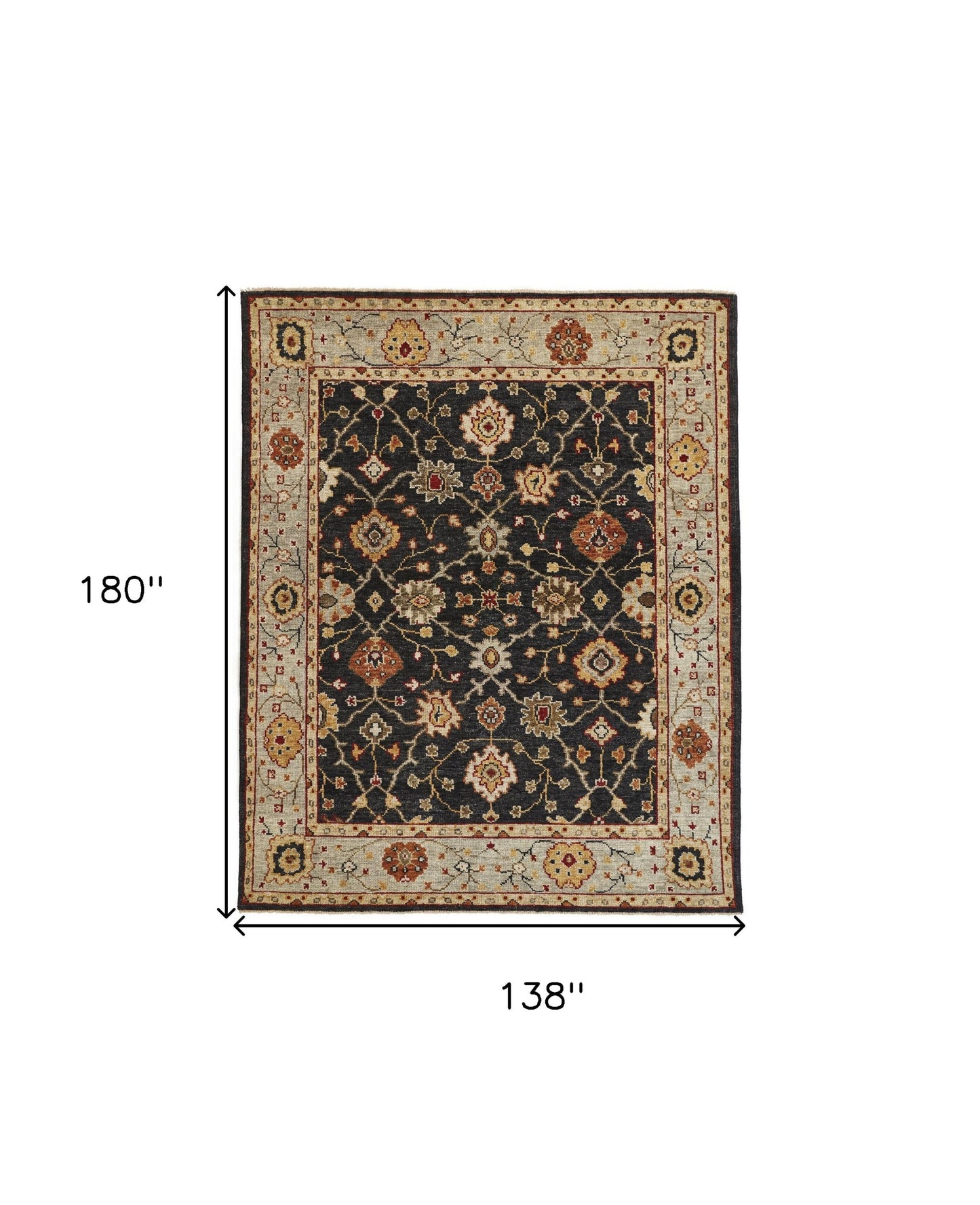 8' X 10' Black Gold And Gray Wool Floral Hand Knotted Stain Resistant Area Rug With Fringe