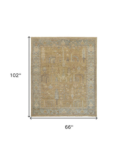 2' X 3' Blue Gray And Brown Wool Floral Hand Knotted Area Rug With Fringe