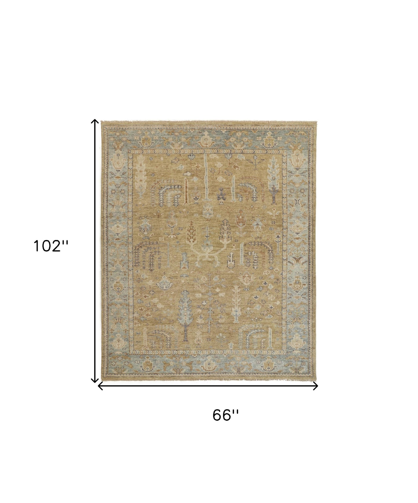 5' X 8' Gold Blue And Gray Wool Floral Hand Knotted Stain Resistant Area Rug With Fringe