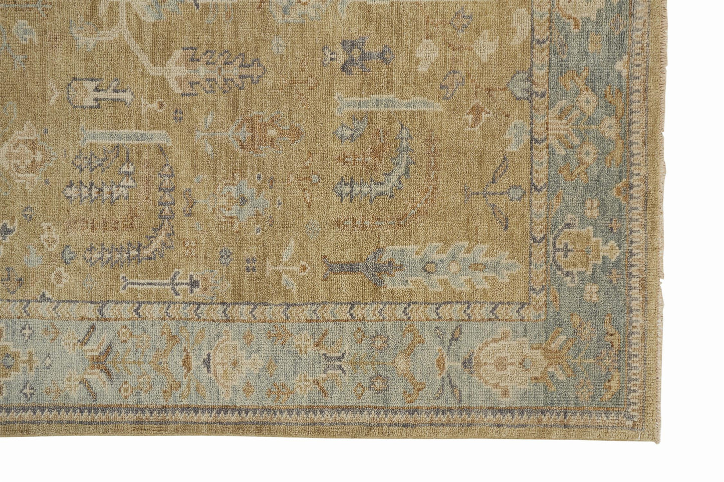 9' X 12' Gold Wool Floral Hand Knotted Stain Resistant Area Rug With Fringe